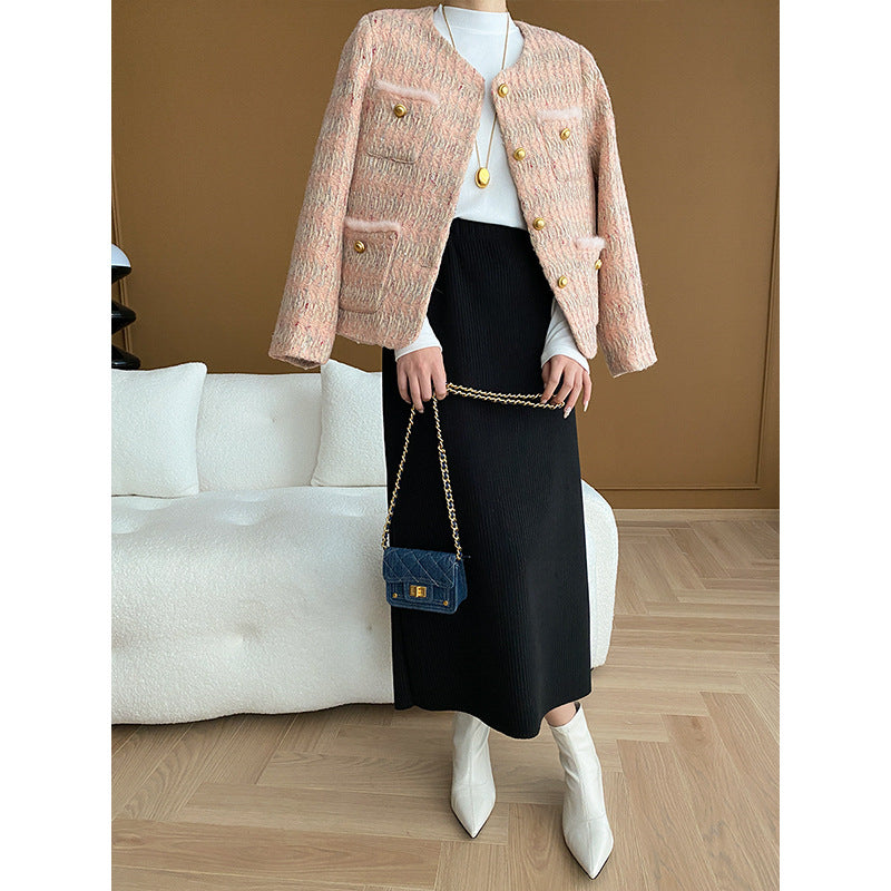 Damen Modische Bouclé-Jacke mit goldenen Knöpfen Drune