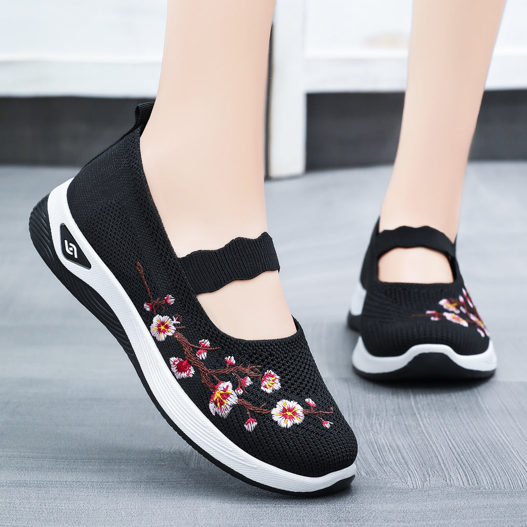 Damen nan bestickter gestrickter Slip-On Sneaker mit Mary-Jane Riemen und stoßdämpfender EVA-Sohle Drune