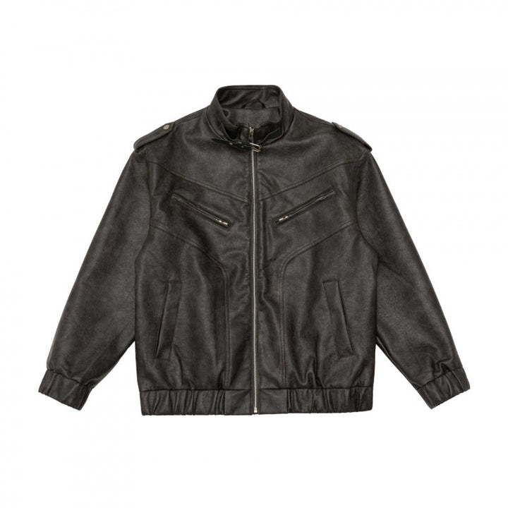 Herren Boxy Kunstleder-Blouson mit Stehkragen, Schulterklappen und elastischem Saum Drune