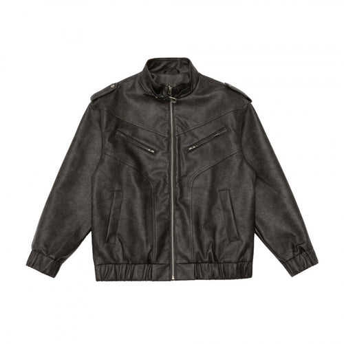Herren Boxy Kunstleder-Blouson mit Stehkragen, Schulterklappen und elastischem Saum Drune