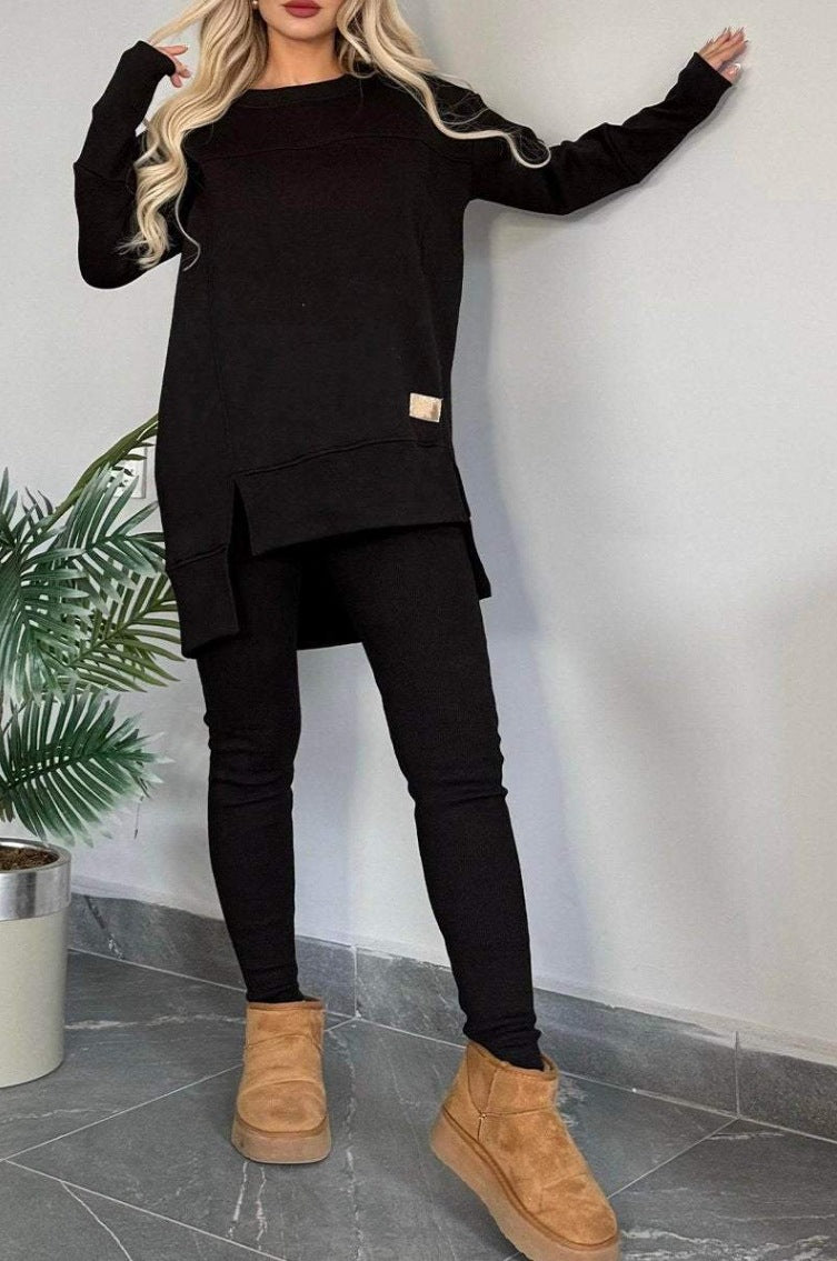 Damen Lässiges Langarm Sweatshirt-Set mit asymmetrischem Schnitt und praktischen Taschen Drune