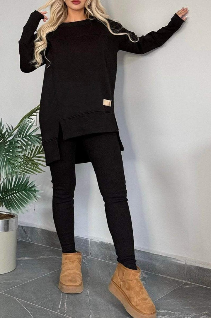 Damen Lässiges Langarm Sweatshirt-Set mit asymmetrischem Schnitt und praktischen Taschen Drune
