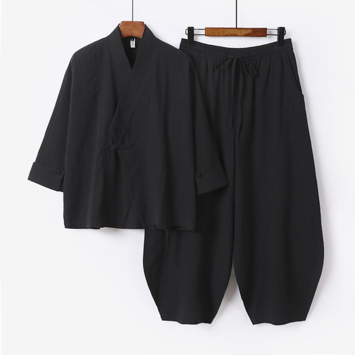 Herren Minimalistisches Kimono-Lounge-Set aus atmungsaktivem Baumwollmix mit ballonförmiger Bundhose Drune