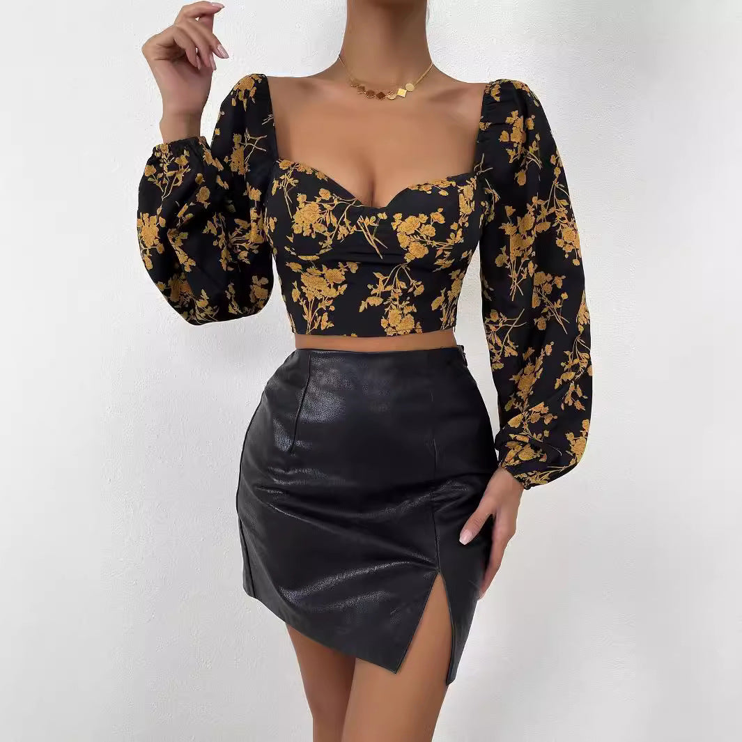 Damen Crop-Top mit floralem Muster und elegantem Puffärmel Drune