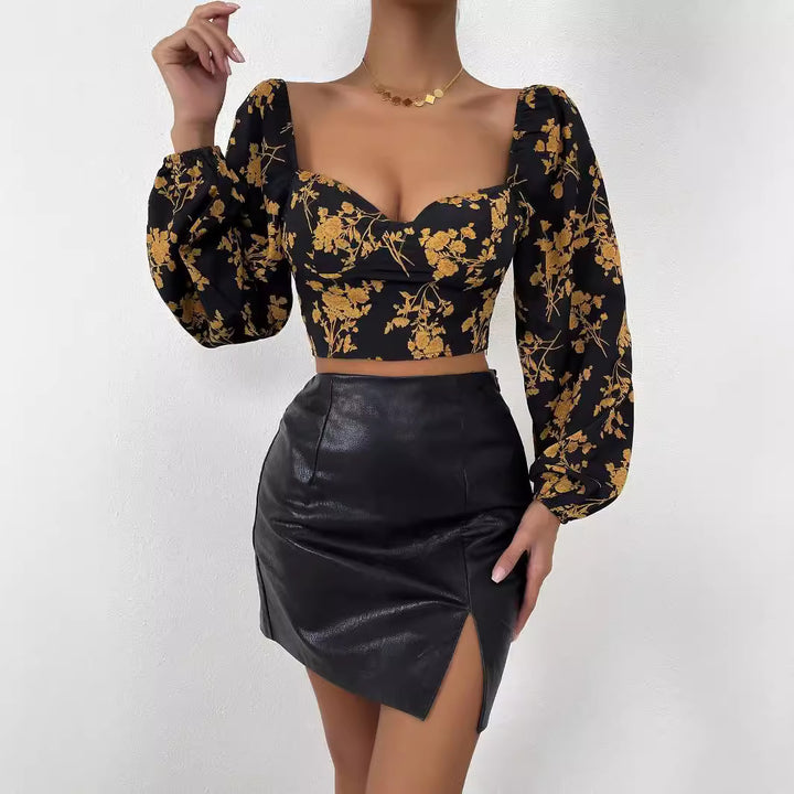 Damen Crop-Top mit floralem Muster und elegantem Puffärmel Drune