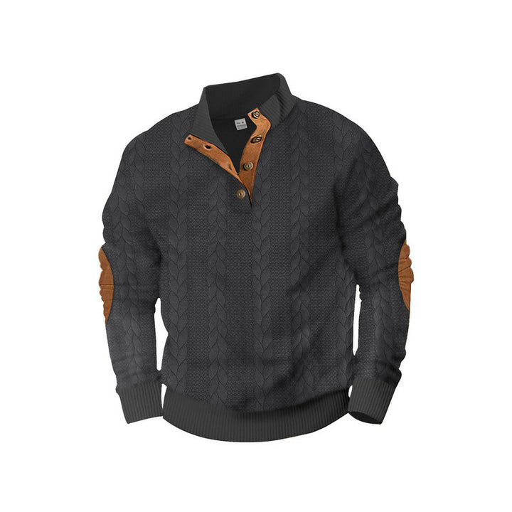 Herren Kabelstrick-Pullover mit Stehkragen, Knopfleiste & Ellbogenpatches Drune