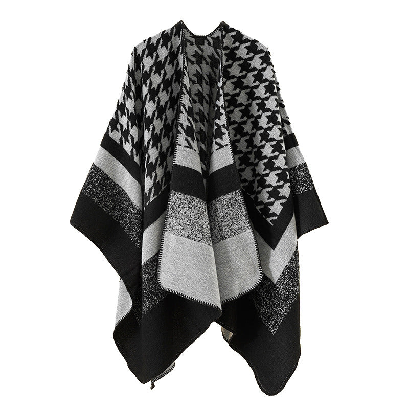 Damen Oversize‑Ruana‑Poncho aus Wollmix mit Hahnentritt- und Blockjacquard Drune