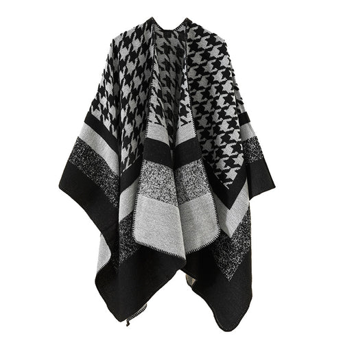 Damen Oversize‑Ruana‑Poncho aus Wollmix mit Hahnentritt- und Blockjacquard Drune