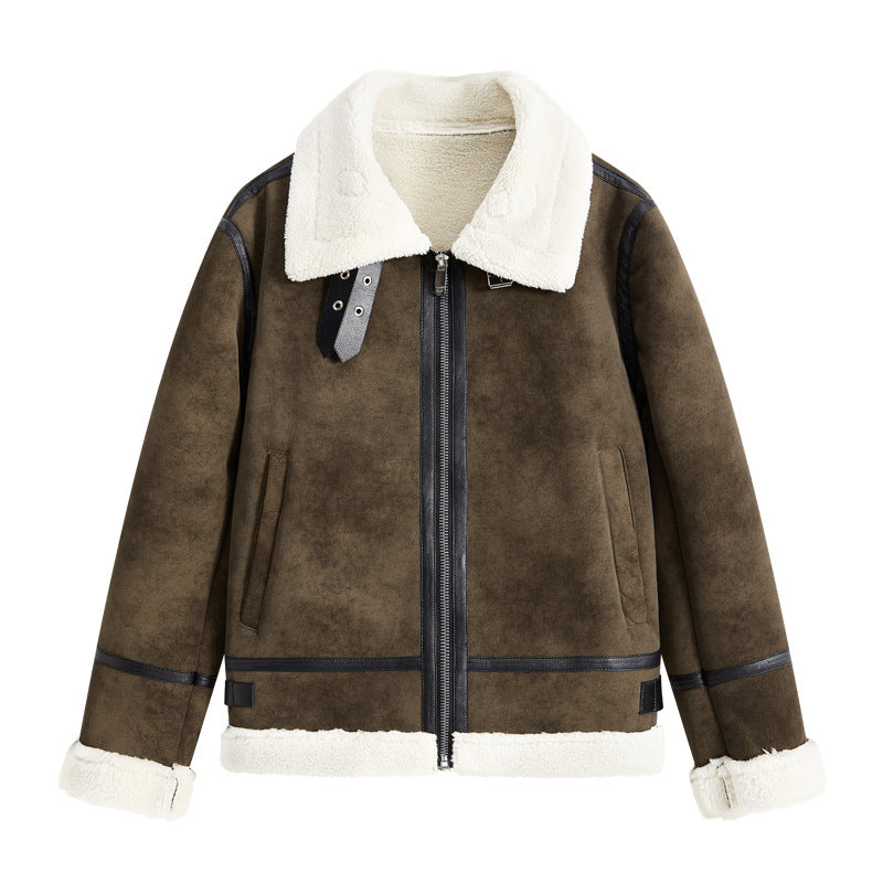 Herren Lammfellimitat Fliegerjacke mit hohem Kragen und Doppel-Schnallenverschluss Drune