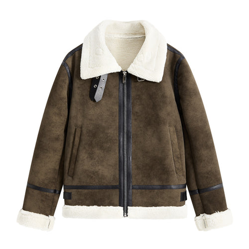 Herren Lammfellimitat Fliegerjacke mit hohem Kragen und Doppel-Schnallenverschluss Drune