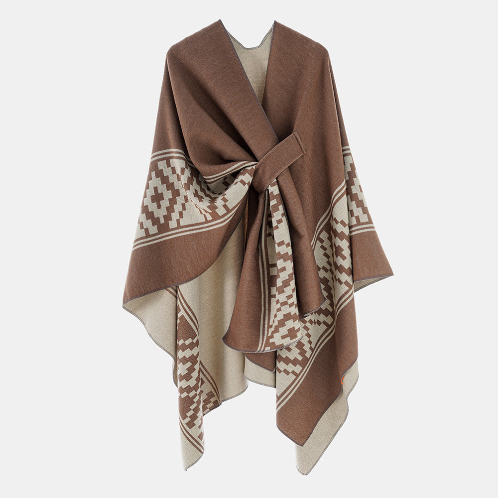 Damen Jacquard‑Ruana mit Bindegürtel und geometrischem Muster Drune