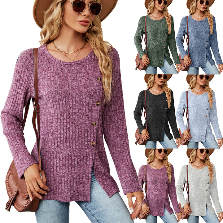Damen legere Strickbluse mit knoopbarem Design und seitlichem Schlitz Drune
