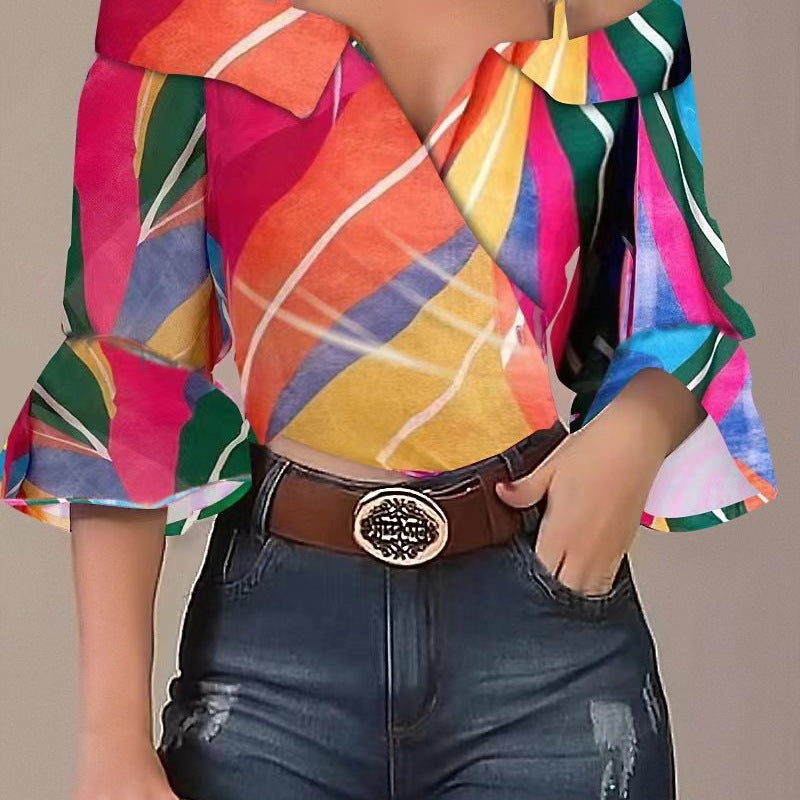 Damen Off-Shoulder Bluse mit buntem Streifenmuster und weiten Ärmeln Drune