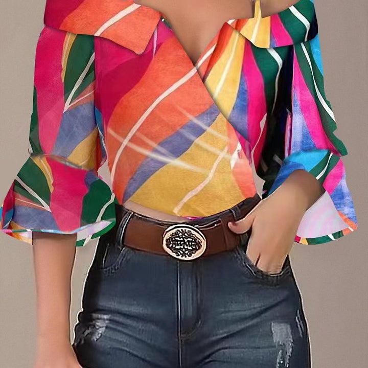Damen Off-Shoulder Bluse mit buntem Streifenmuster und weiten Ärmeln Drune