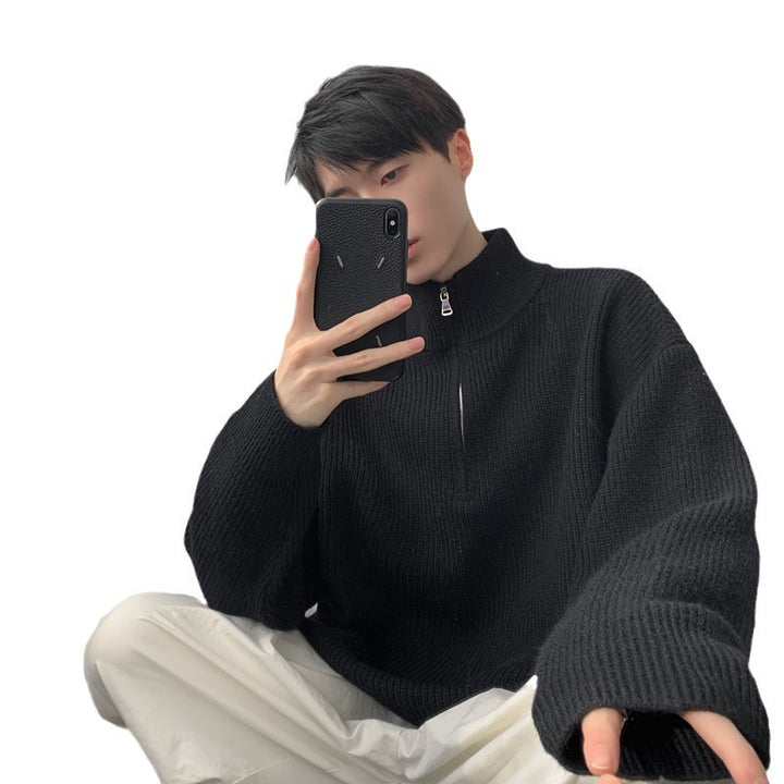 Herren Modischer Strickpullover mit hohem Kragen und Reißverschluss Drune