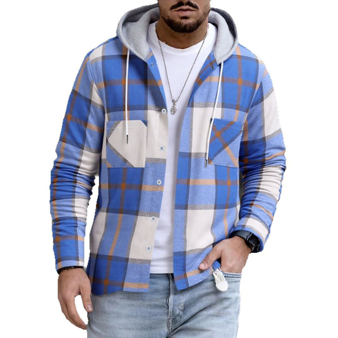Herren kariertes Hemd Jacke mit Kapuze, Knopfleiste und Brusttaschen EB