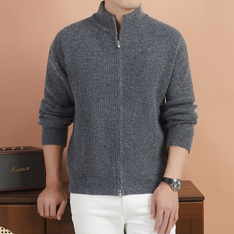 Herren Kuscheliger Zip-Pullover aus Mohair-Mix mit feiner Rippstruktur und Stehkragen Drune