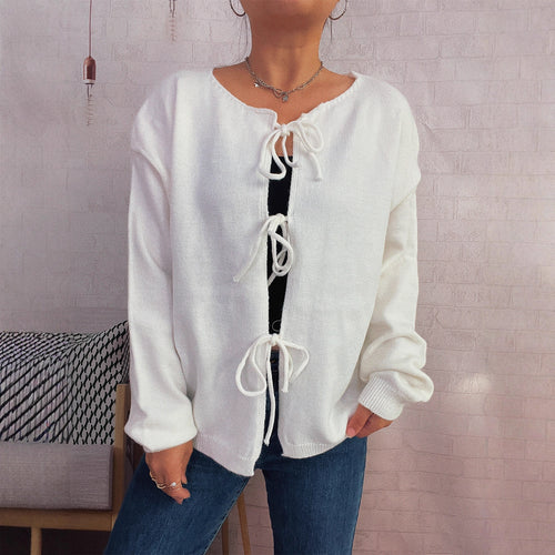 Damen Strickjacke mit dekorativem Schnürdesign und weitem Schnitt Drune