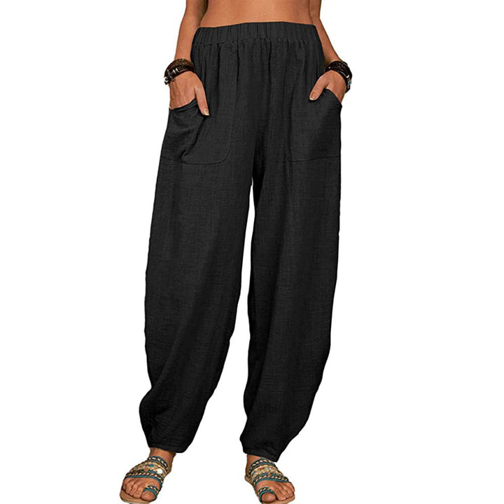 Damen nan lockere Leinenhose mit weitem Bein elastischem Bund und großen aufgesetzten Taschen Drune