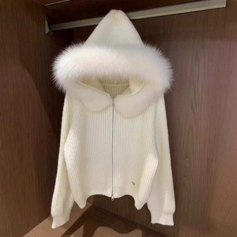 Damen Softes Rippenstrickjacke mit luxuriösem Pelzkragen Drune