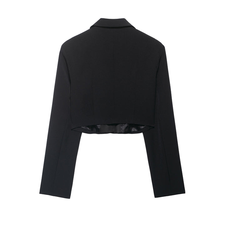 Damen Cropped Smokingsakko im Tuxedo‑Stil mit spitzem Satinrevers Drune