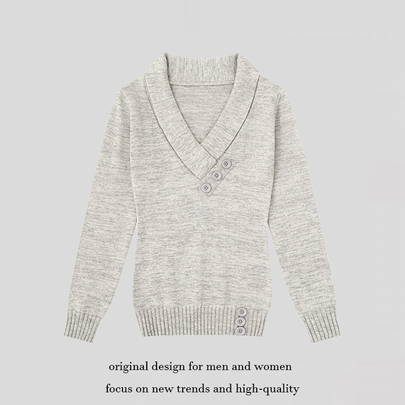 Damen Feinstrick-Pullover mit Schalkragen, V-Ausschnitt und Zierknöpfen Drune