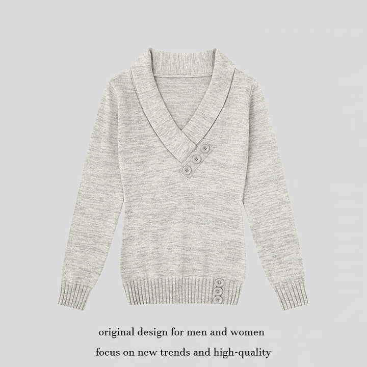 Damen Feinstrick-Pullover mit Schalkragen, V-Ausschnitt und Zierknöpfen Drune