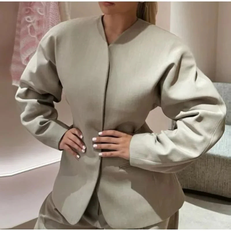 Damen nan minimalistischer V-Ausschnitt Blazerjacke mit verdeckter Verschlussleiste und schmalen Leistentaschen Drune