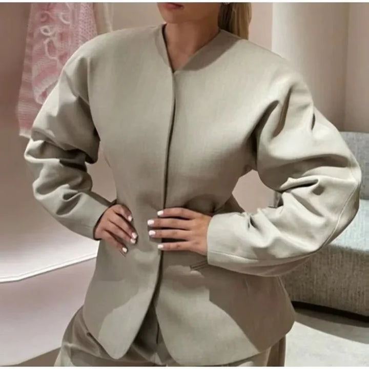 Damen nan minimalistischer V-Ausschnitt Blazerjacke mit verdeckter Verschlussleiste und schmalen Leistentaschen Drune