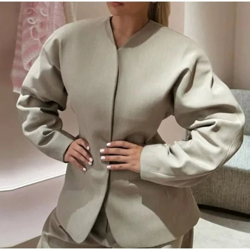 Damen nan minimalistischer V-Ausschnitt Blazerjacke mit verdeckter Verschlussleiste und schmalen Leistentaschen Drune
