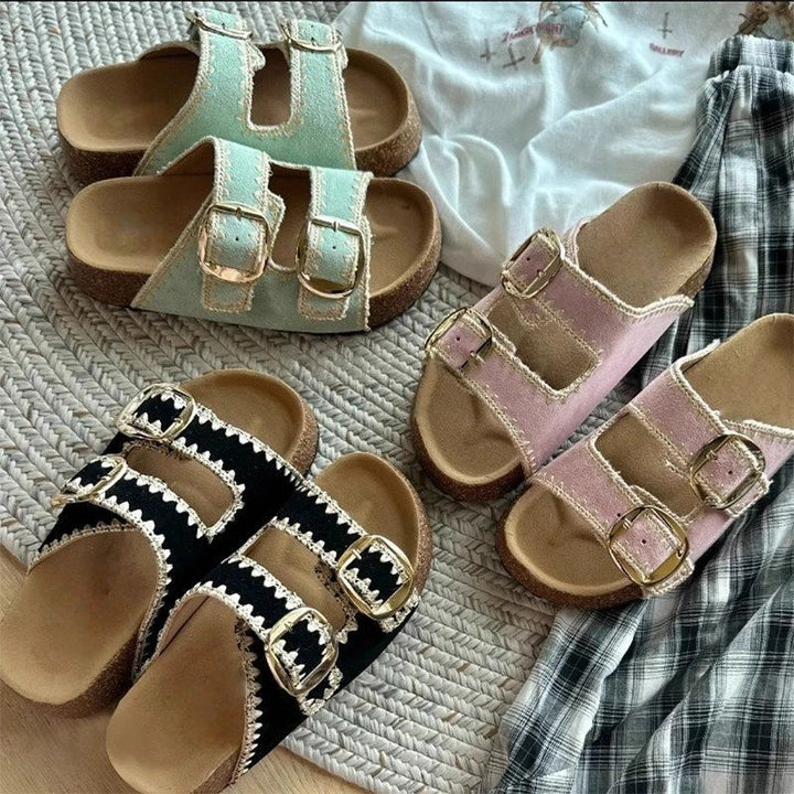 Damen Comfort-Sandalen mit zweifachen verstellbaren Riemen, gepolstertem anatomischem Fußbett und goldener Metallschnalle Drune