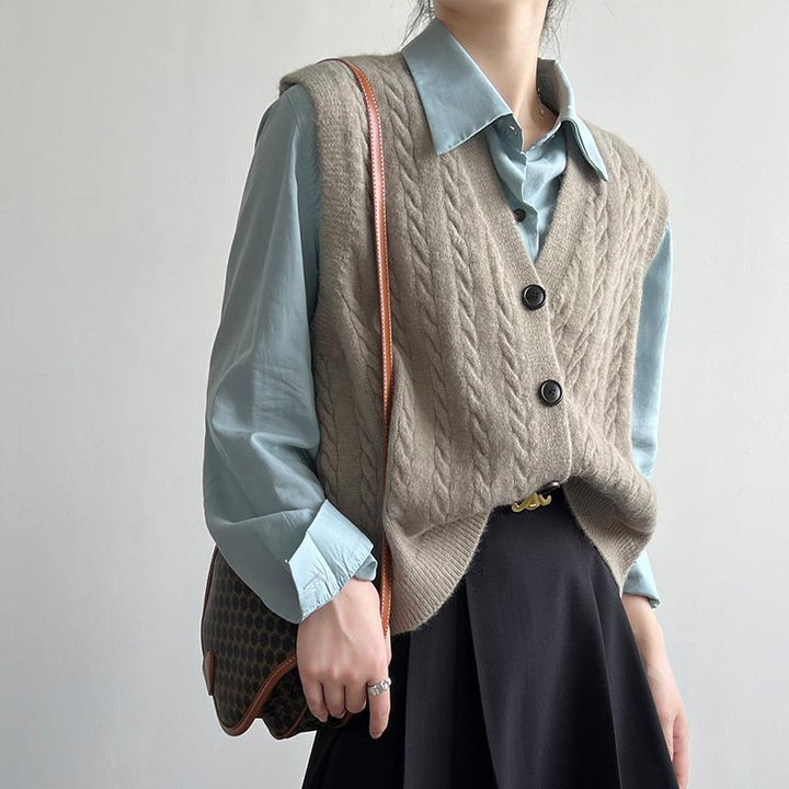 Damen elegante Strickweste mit Zopfmuster und Knopfdetails Drune