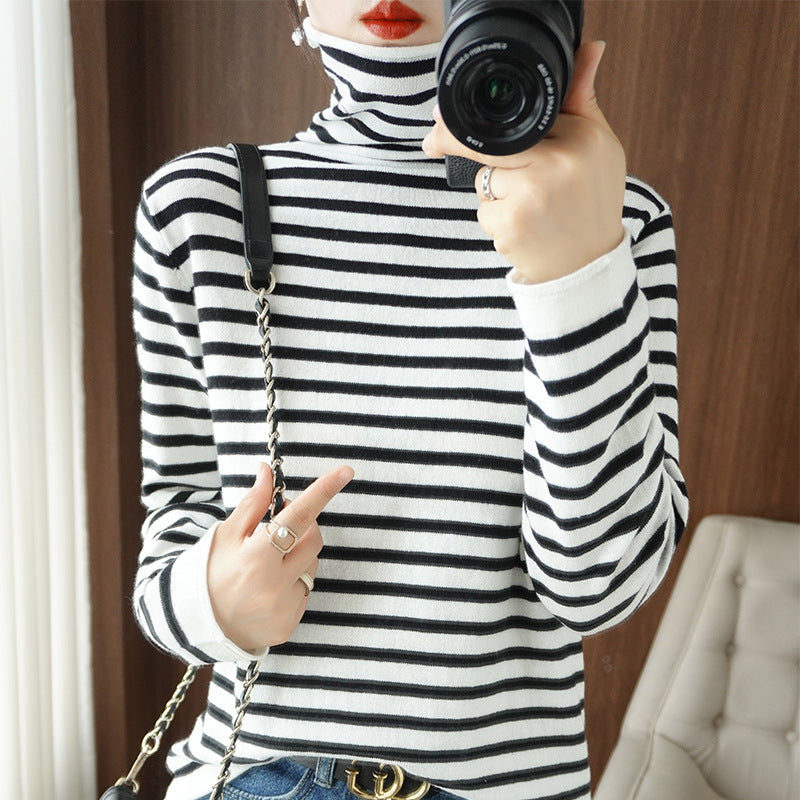 Damen Maritimer Feinstrick-Turtleneck mit feinem Streifenmuster und schlanker Passform Drune