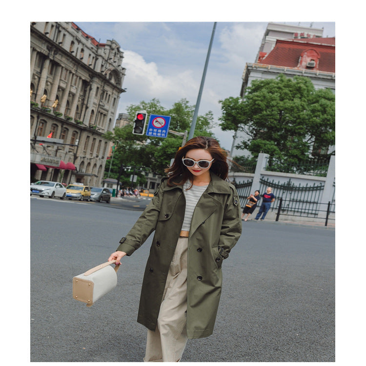 Damen Midilanger Trenchcoat mit taillierendem Bindegürtel und verstellbaren Manschetten Drune