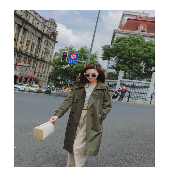 Damen Midilanger Trenchcoat mit taillierendem Bindegürtel und verstellbaren Manschetten Drune
