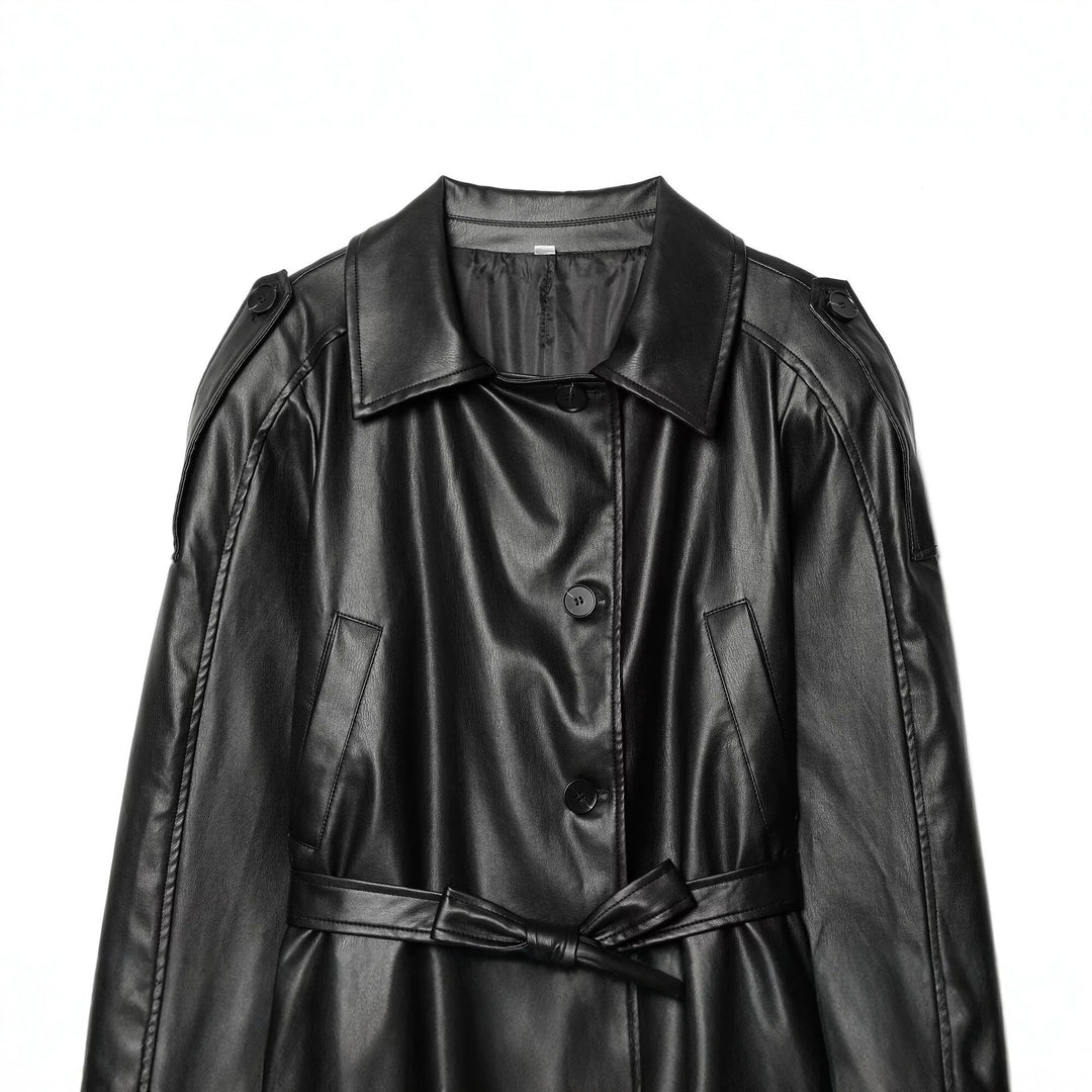 Damen Kurz-Trenchcoat aus Lederoptik mit Taillengürtel Drune