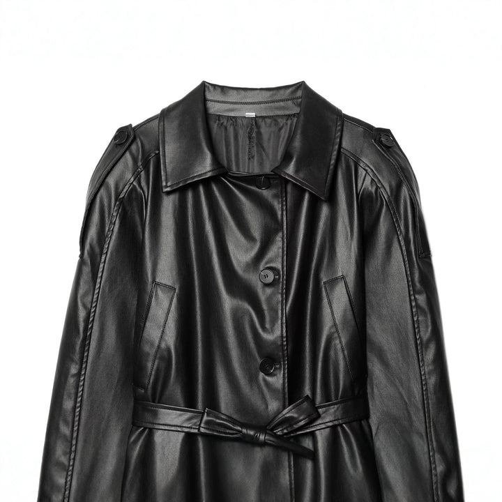 Damen Kurz-Trenchcoat aus Lederoptik mit Taillengürtel Drune