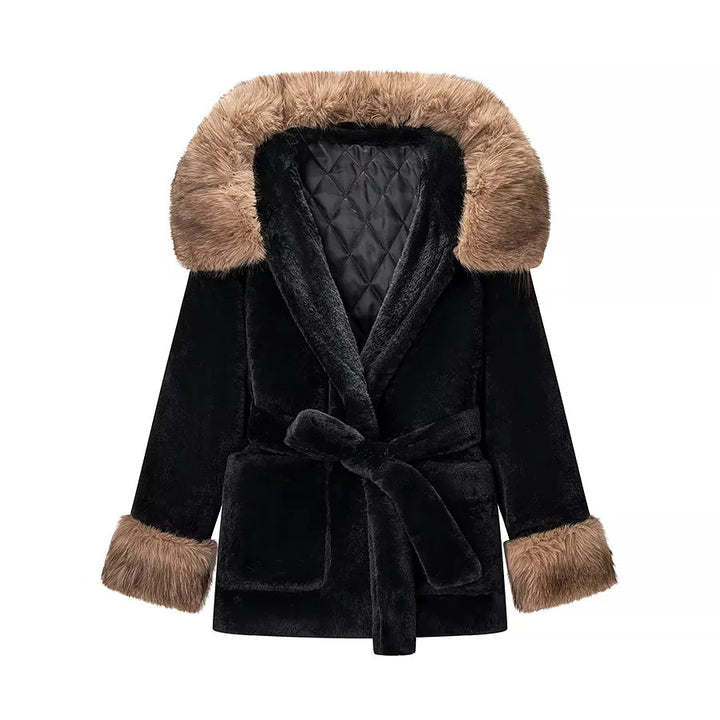 Damen nan kuschelige Kunstfell-Manteljacke mit Kapuze, Taillengürtel und Kontrastfutter Drune