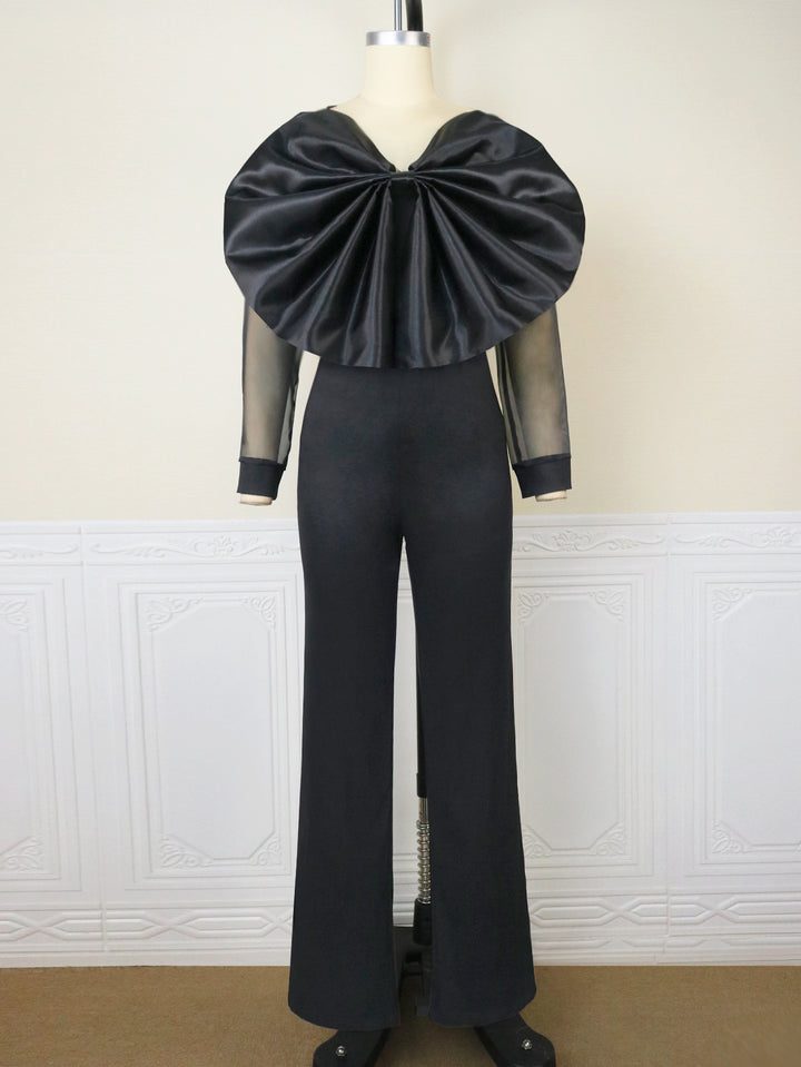 Damen eleganter Jumpsuit mit voluminösem Satinkragen und transparenten Ärmeln Drune
