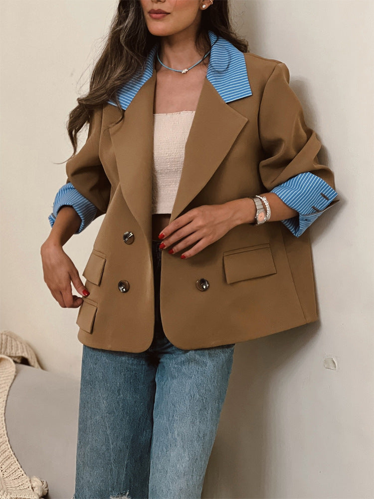 Damen Oversize-doppelreihiger Blazer mit kontrastkragen & aufschlagärmeln Drune