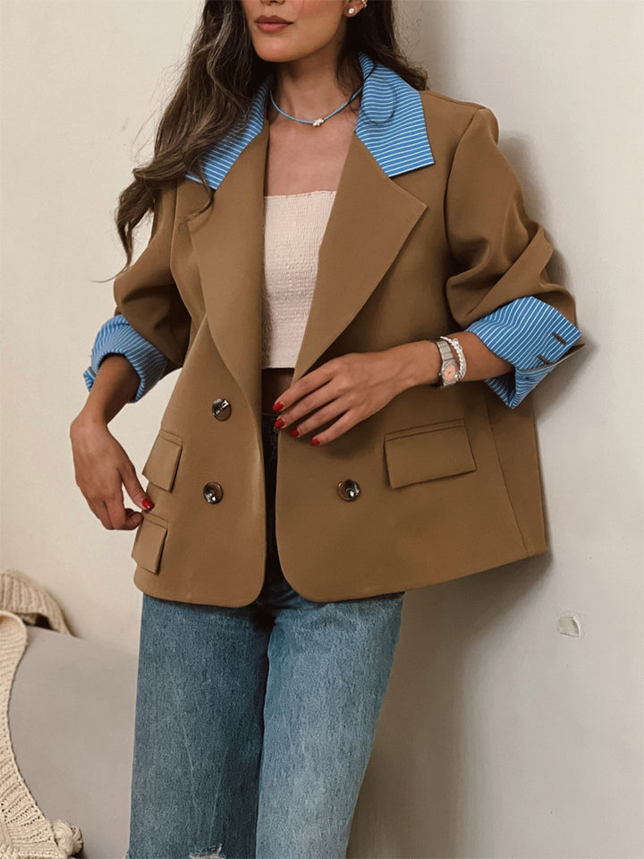 Damen Oversize-doppelreihiger Blazer mit kontrastkragen & aufschlagärmeln Drune