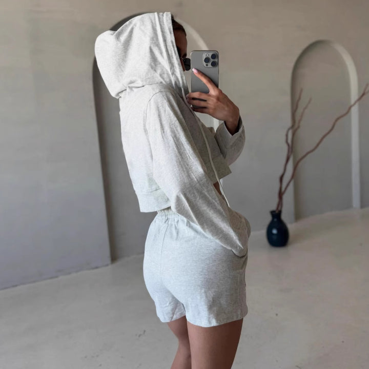 Damen Freizeit-Crop-Set mit Hoodie und Shorts Drune