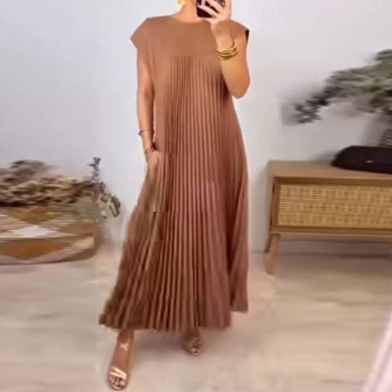 Damen Elegantes plissiertes Maxikleid mit praktischen Taschen Drune