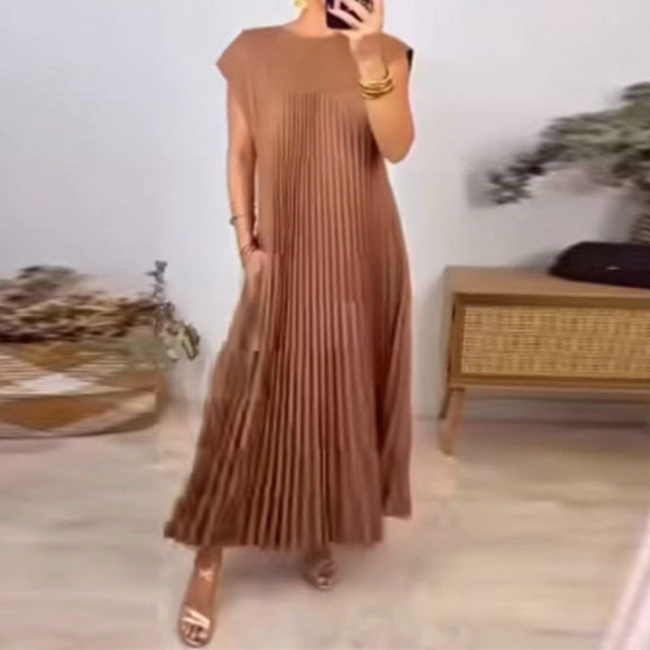 Damen Elegantes plissiertes Maxikleid mit praktischen Taschen Drune