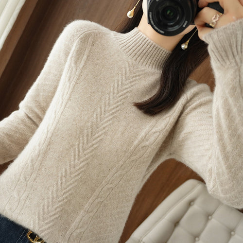 Damen Leichter Mohair‑Look Stehkragenpullover mit Zopf‑Ajour und taillierter Silhouette Drune