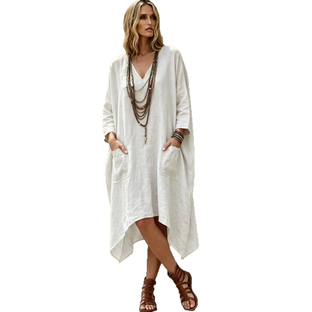 Damen nan Oversize Kaftankleid mit V-Ausschnitt, Eingrifftaschen und asymmetrischem Saum Drune