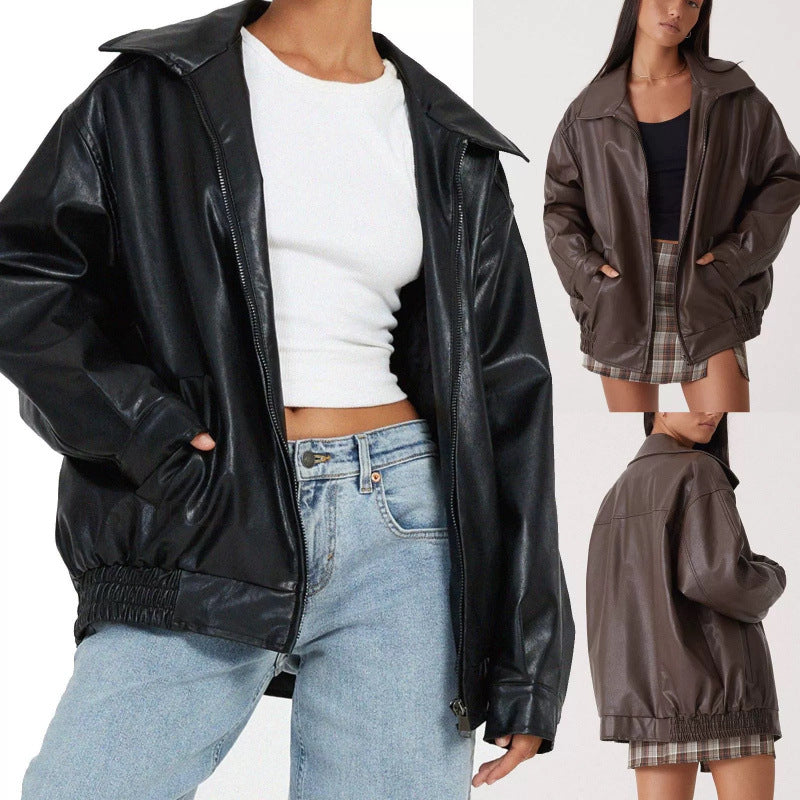 Damen Oversize Kunstleder Blouson mit Reißverschluss und elastischem Saum Drune