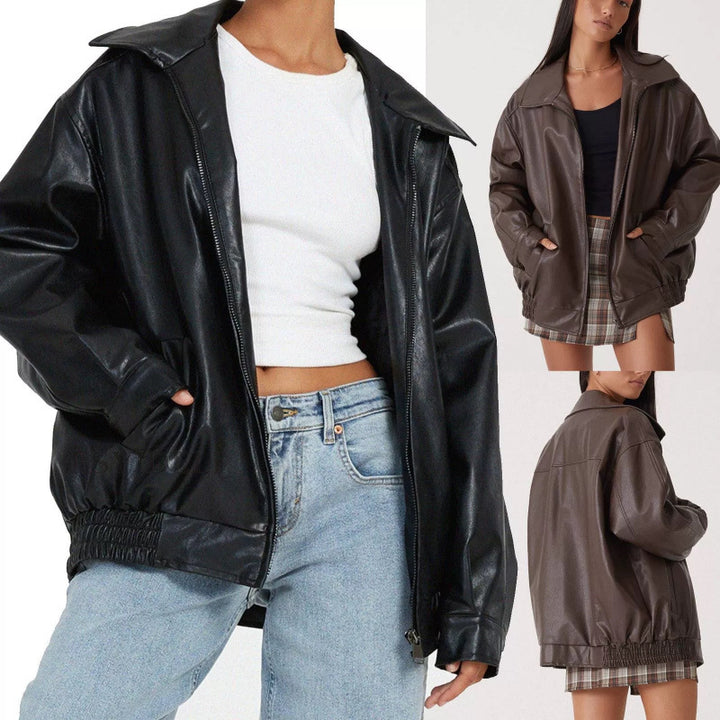 Damen Oversize Kunstleder Blouson mit Reißverschluss und elastischem Saum Drune
