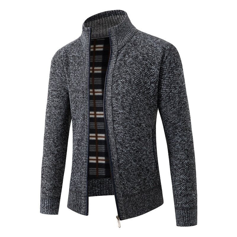 Herren Strukturiertes Zip-Strickjacke mit Karo‑Fleece‑Futter und Stehkragen Drune