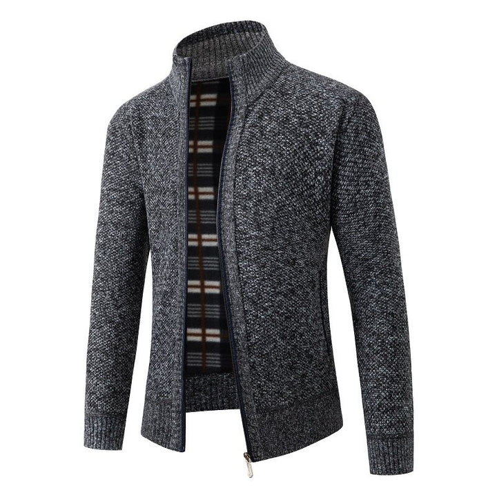 Herren Strukturiertes Zip-Strickjacke mit Karo‑Fleece‑Futter und Stehkragen Drune